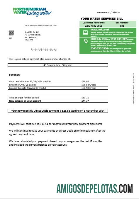 imprimível Modelo de conta de serviços públicos de água da Nortúmbria do Reino Unido em formatos Word e PDF, versão 1